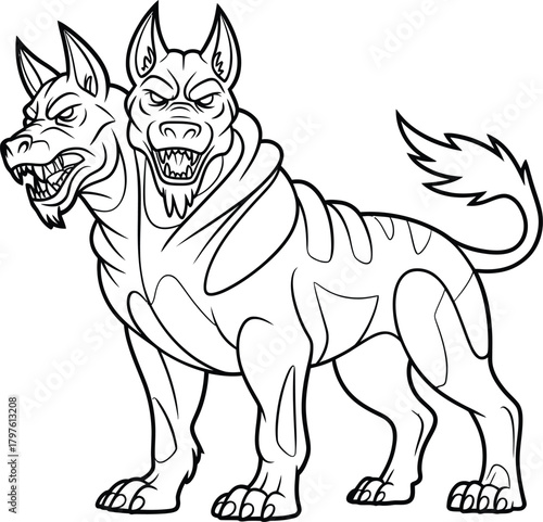 Fierce two headed dog mythological creature illustration line art