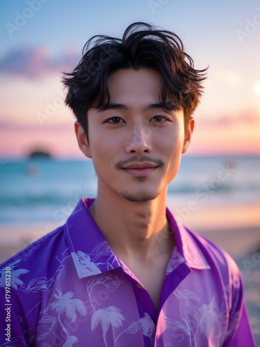 Wallpaper Mural attractive young japanese guy in purple themed swimwear portrait on beach fun sunset background, facing front and slightly smiling Torontodigital.ca