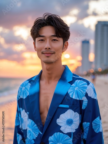 Wallpaper Mural attractive young japanese guy in blue themed swimwear portrait on beach fun sunset background, facing front and slightly smiling Torontodigital.ca