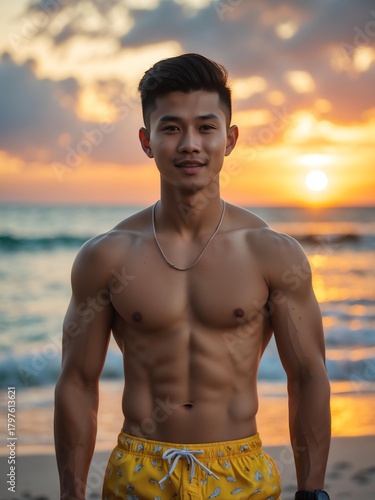 Wallpaper Mural attractive young filipino guy in yellow themed swimwear portrait on beach fun sunset background, facing front and slightly smiling Torontodigital.ca