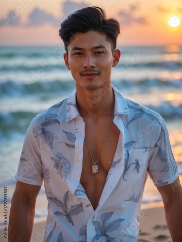 Wallpaper Mural attractive young filipino guy in white themed swimwear portrait on beach fun sunset background, facing front and slightly smiling Torontodigital.ca