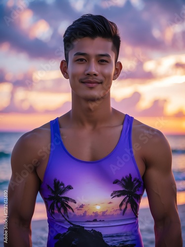 Wallpaper Mural attractive young filipino guy in purple themed swimwear portrait on beach fun sunset background, facing front and slightly smiling Torontodigital.ca