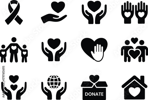 Charity Silhouette icons set. Charity, donation, and care symbols collection.