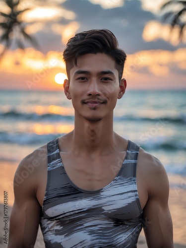 Wallpaper Mural attractive young filipino guy in gray themed swimwear portrait on beach fun sunset background, facing front and slightly smiling Torontodigital.ca