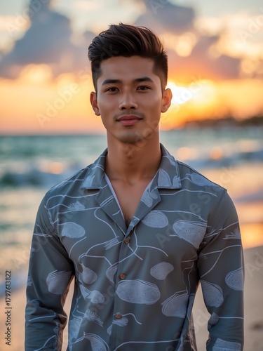 Wallpaper Mural attractive young filipino guy in gray themed swimwear portrait on beach fun sunset background, facing front and slightly smiling Torontodigital.ca