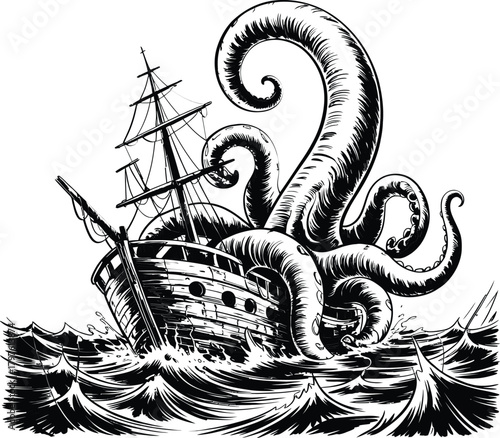Giant kraken tentacles attack and sink a majestic sailing ship in rough seas