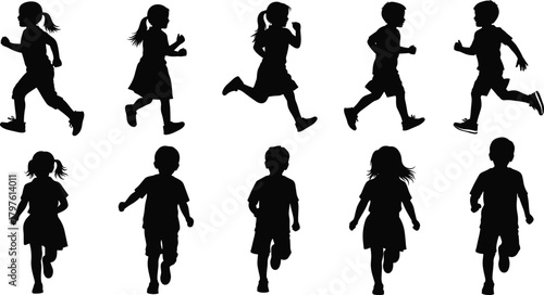 PrintSilhouette children running in various dynamic poses showing playful movement, energetic activity, childhood freedom, outdoor action, youthful motion, and active lifestyle illustration