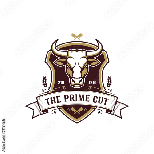 The Prime Cut Logo with Bull Head and Shield Design.