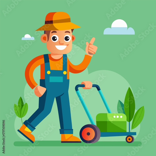Happy gardener with lawnmower in the garden with green grass and plants