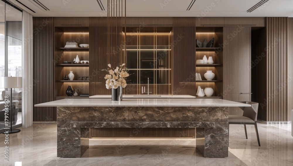 Fototapeta premium Stone countertop in luxury apartment, urban residence, maintenance focus