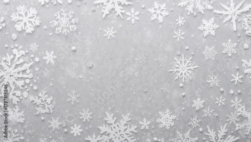 Snowflakes and snow on a soft gray backdrop, evoking a winter atmosphere, suitable for holiday designs