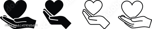 Heart in hand icons set. Hands holding heart icon. Love and Care icon.
