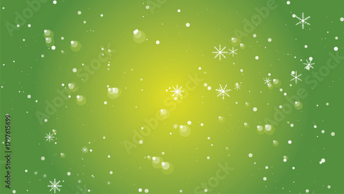 Green christmas background with snowflakes and bokeh lights for winter holiday