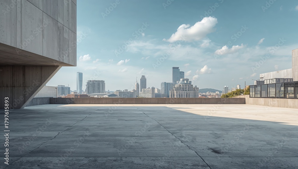 Fototapeta premium Concrete structure featuring a vacant cement surface and parking area, urban density