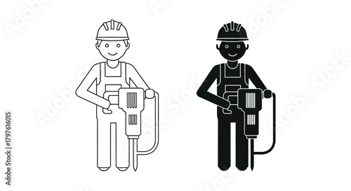 Three cartoon construction workers holding jackhammers in different styles