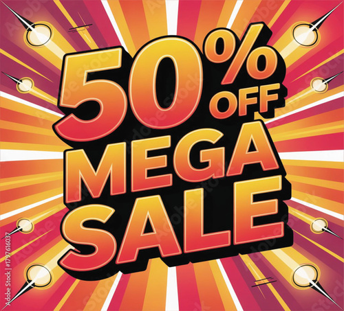 A bold, eye-catching square background for a massive sale. The design features bright, radiating stripes of red and orange/yellow with powerful, dramatic lighting effects. Large, stylized 3D text 