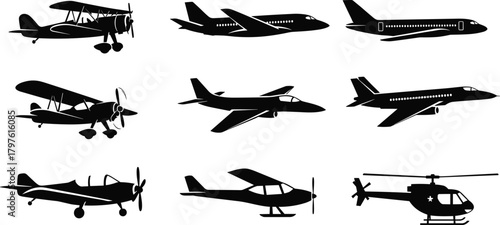 PrintSilhouette collection of airplanes, jets, helicopters, and biplanes showing various aviation transport designs, detailed aircraft icons for travel, flight illustration