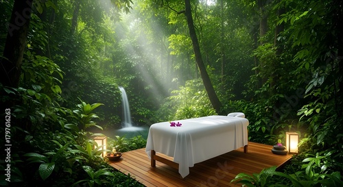 Spa Massage Table in Lush Jungle with Waterfall