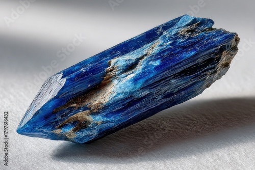 Kyanite Gemstone: A striking close-up showcases a raw kyanite crystal, its vibrant blue hue illuminated by the light. revealing intricate details and the natural beauty of the mineral.