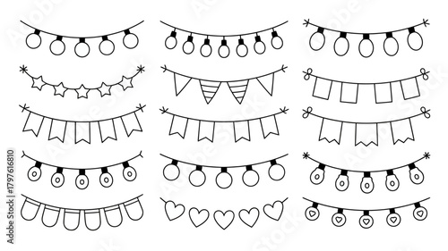 Hand drawn doodle string lights and party garlands vector set. outline celebration bunting flags, star, and heart decoration.