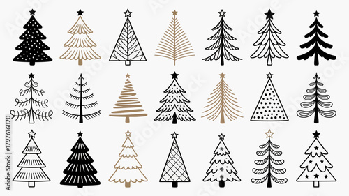Collection of diverse hand-drawn christmas tree illustrations in a minimalist black and golden beige aesthetic with star toppers set.