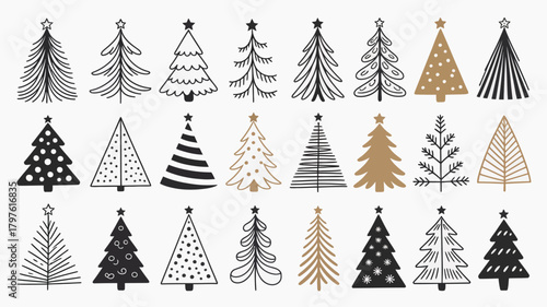 Collection of diverse hand-drawn christmas tree icons with stars, featuring outline, solid, and patterned holiday designs set