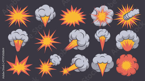Comic style explosion and burst set. cartoon effect elements including smoke clouds, blast shapes, and starbursts for design projects