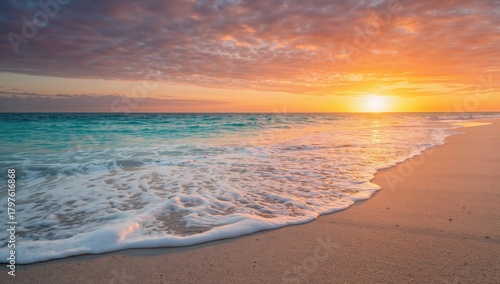Fototapeta Naklejka Na Ścianę i Meble -  Waves crashing on sandy beach at sunset, ideal backdrop for relaxation and vacation planning