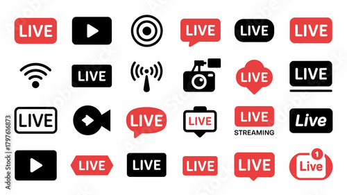Collection of diverse live streaming and broadcast icons. video playback, recording, and wireless signal symbols for digital content creation.