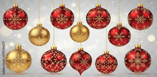 “Realistic Christmas ornaments set, glossy red and gold baubles, snowflake patterns, shimmering metallic texture, soft bokeh lighting, high-detail 3D holiday decoration elements