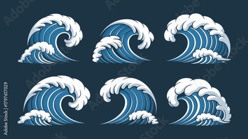 Collection of six stylized ocean waves with white foam, dynamic blue water crests, and powerful surf action, perfect for marine designs.
