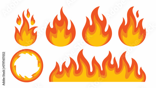 Collection of vibrant cartoon fire icons and elements, including individual flames, a fiery ring, and a dynamic fire border graphic design set.