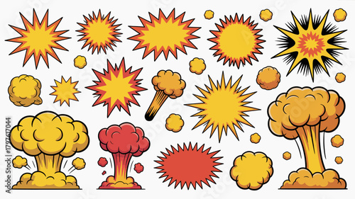 Comic book style explosion set vector illustration collection. dynamic burst shapes, bomb effects, and smoke clouds for graphic design.
