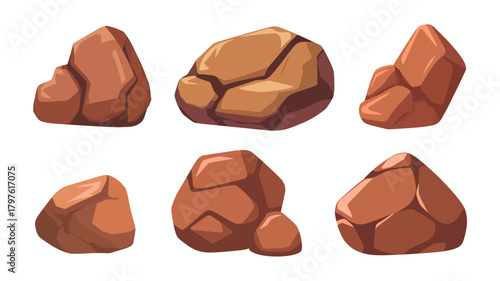 Collection of stylized brown cartoon rocks and stones in various shapes. vector illustration for game assets, nature elements, and design.