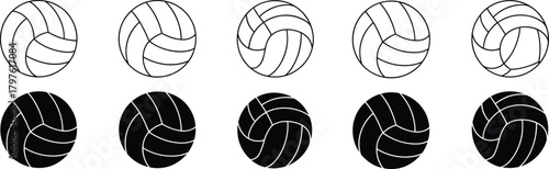 Black and white volleyball icon set with modern ball patterns for sports design, branding, logo, web, app, and graphic use