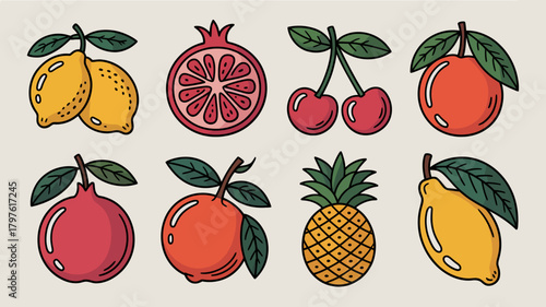 Vibrant cartoon fruit icons collection: hand-drawn lemons, pomegranate, cherries, oranges, and pineapple for healthy food concepts.
