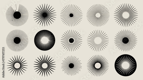 Collection of diverse minimalist sunburst and starburst radial line patterns, abstract geometric graphic elements for modern design projects