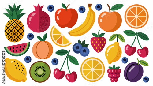 Colorful assortment of fresh tropical and temperate fruits in a vibrant flat design vector illustration, perfect for healthy eating concepts.