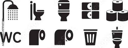 Set of bathroom and toilet icons. Vector shower, toilet, trash, and various toilet paper rolls, suitable for public signage.