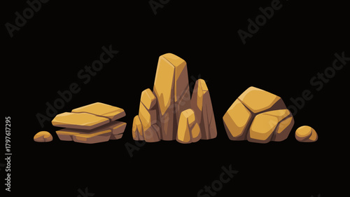 Stylized vector illustration of various cartoon rocks and stone formations, perfect for game assets, nature scenes, or geological concepts.