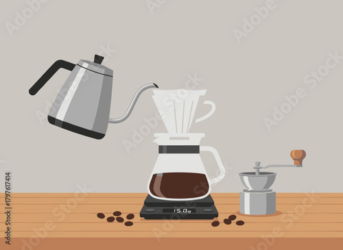 Crafting a delicious pour over coffee with a modern kettle, grinder, and scale on a wooden table, perfect for cafe menus and coffee shops