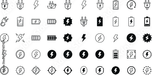 Electric energy icons collection featuring power plugs, lightning symbols, battery charging levels, electricity signs, voltage indicators, renewable power elements