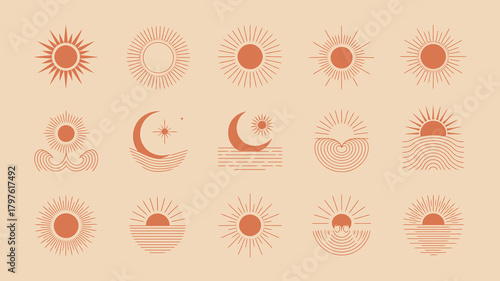 Boho set of sun, moon, stars, and wave illustrations. celestial and natural elements in minimalist line art style. terracotta tones