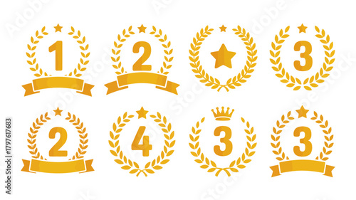 Gold laurel wreath award icons set featuring numbers one, two, three, four, with stars and banners, signifying achievement and championship victory