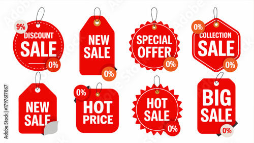 Collection of red discount sale tags, labels, and price stickers with various shapes for shopping, promotion, and retail marketing