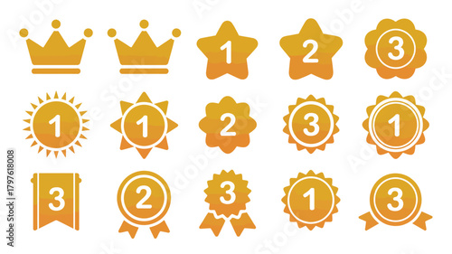 Gold success achievement and ranking icon set, featuring first, second, third place numbers on crowns, stars, and medals in various designs.