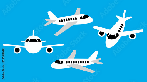 Graphic illustration of diverse white passenger aircraft, depicting air travel, transportation, and global connectivity on blue.