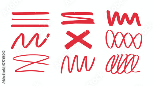 Collection of hand-drawn red marker lines, textured scribbles, underlines, wavy strokes, and a distinctive 'x' mark symbol.
