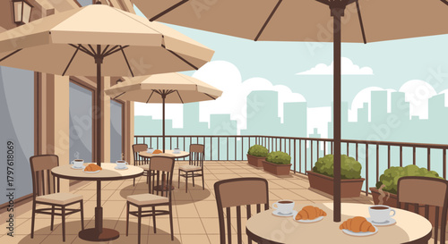 Enjoying brunch with pastries and coffee on a charming rooftop terrace overlooking the city, perfect for lifestyle blogs and travel promotions