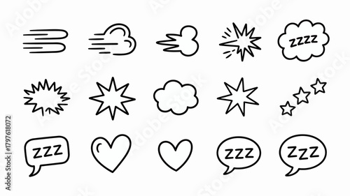 Hand drawn doodle comic element icon set. speed lines, explosion stars, sleep zzz bubbles, cloud, and heart symbols isolated